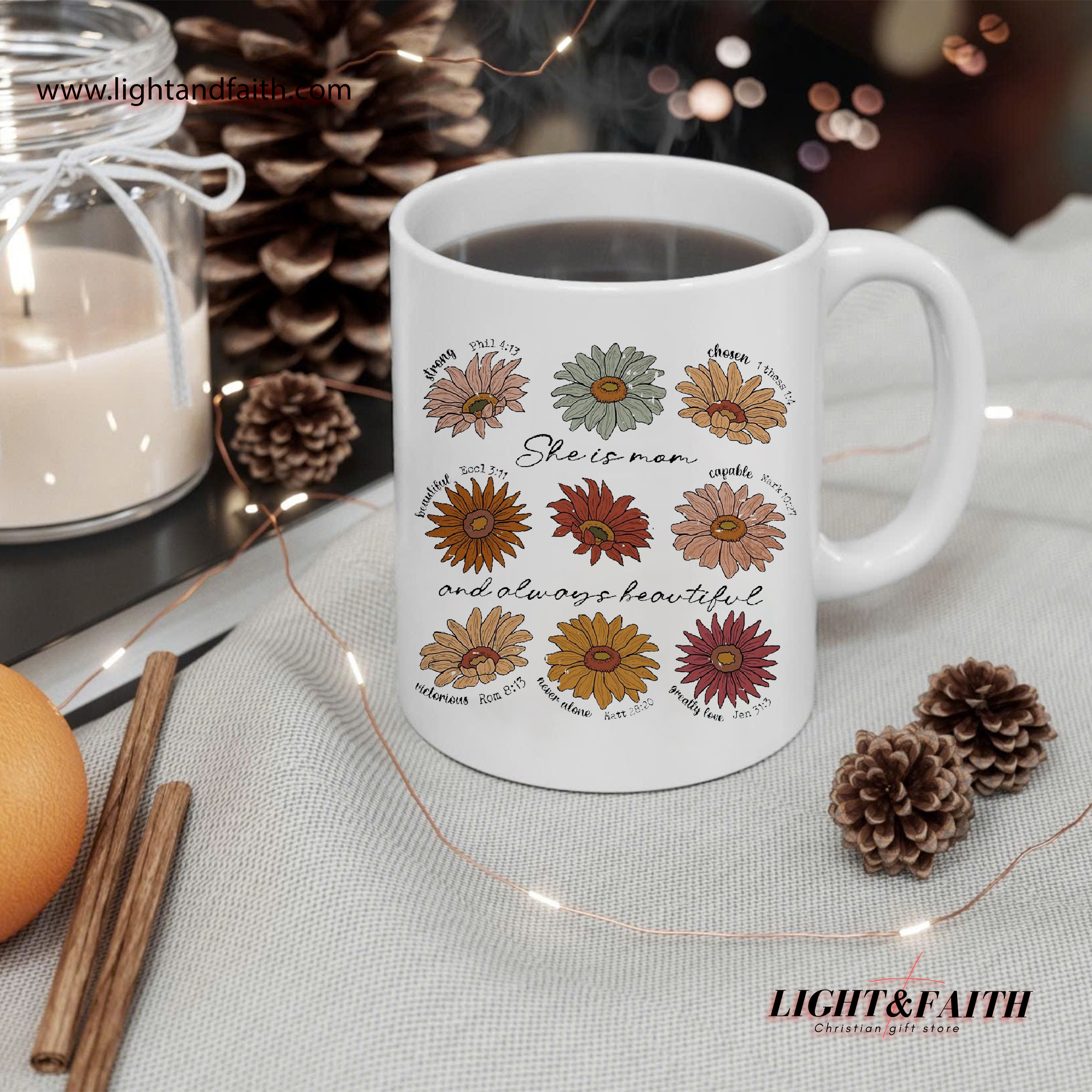 Christian Mom Flower Mug, Bible Verse Mother’s Day Gift, She Is Mom and Always Beautiful Mug, Faith-Based Gift for Christian Mothers MULAF66